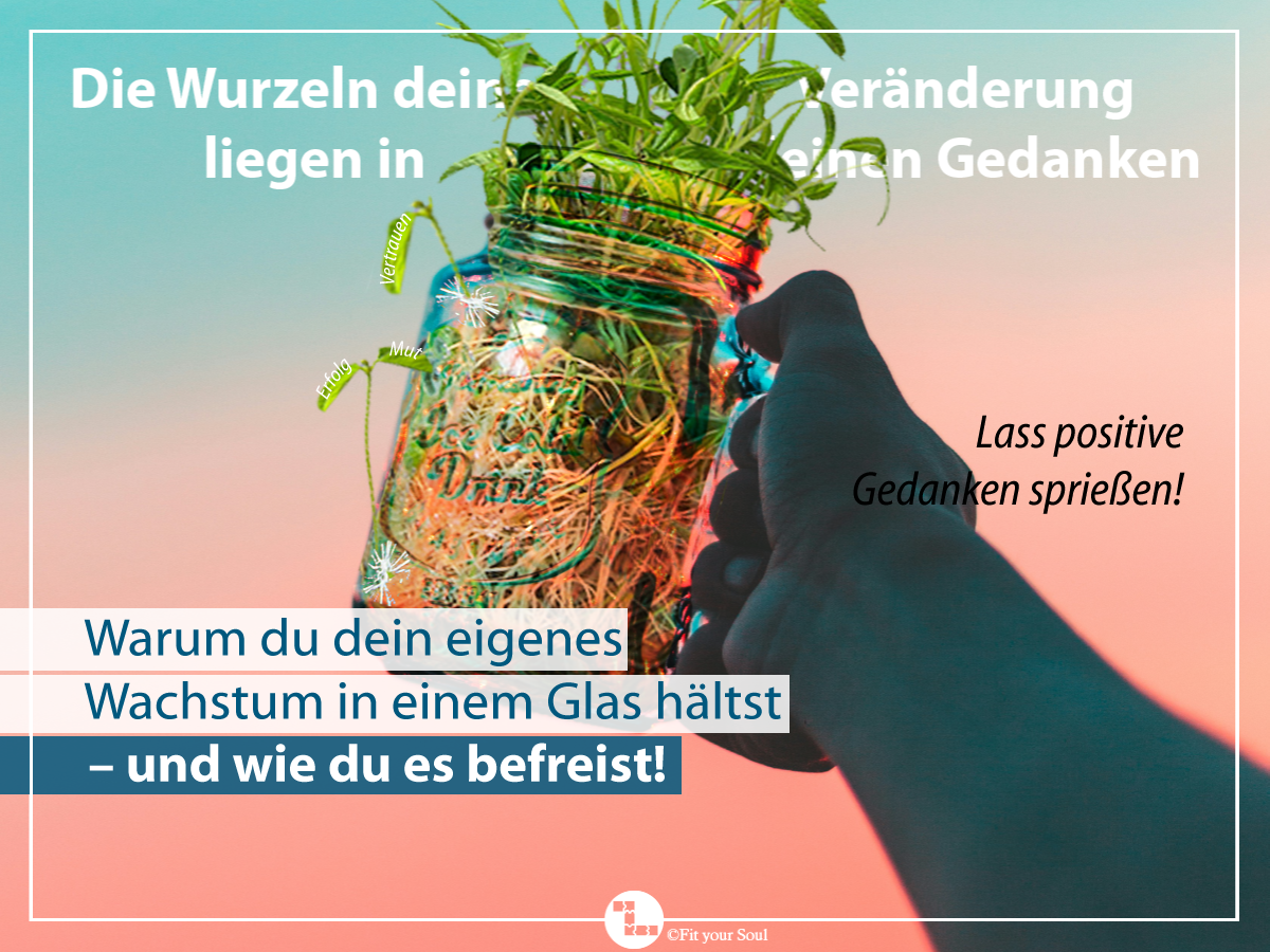 Samen der duurch ein Glas sprießt als Zeichen für neue und andere Gedanken.